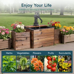 Solar Powered Rustic Water Pump Fountain with Carbonized Wood Planter Boxes, Vintage Outdoor Solar Water Feature, Decorative Hand Pump Waterscape for Garden Yard, Eco-Friendly Solar Fountain with Multi-Use Planter Boxes for Flowers & Herbs