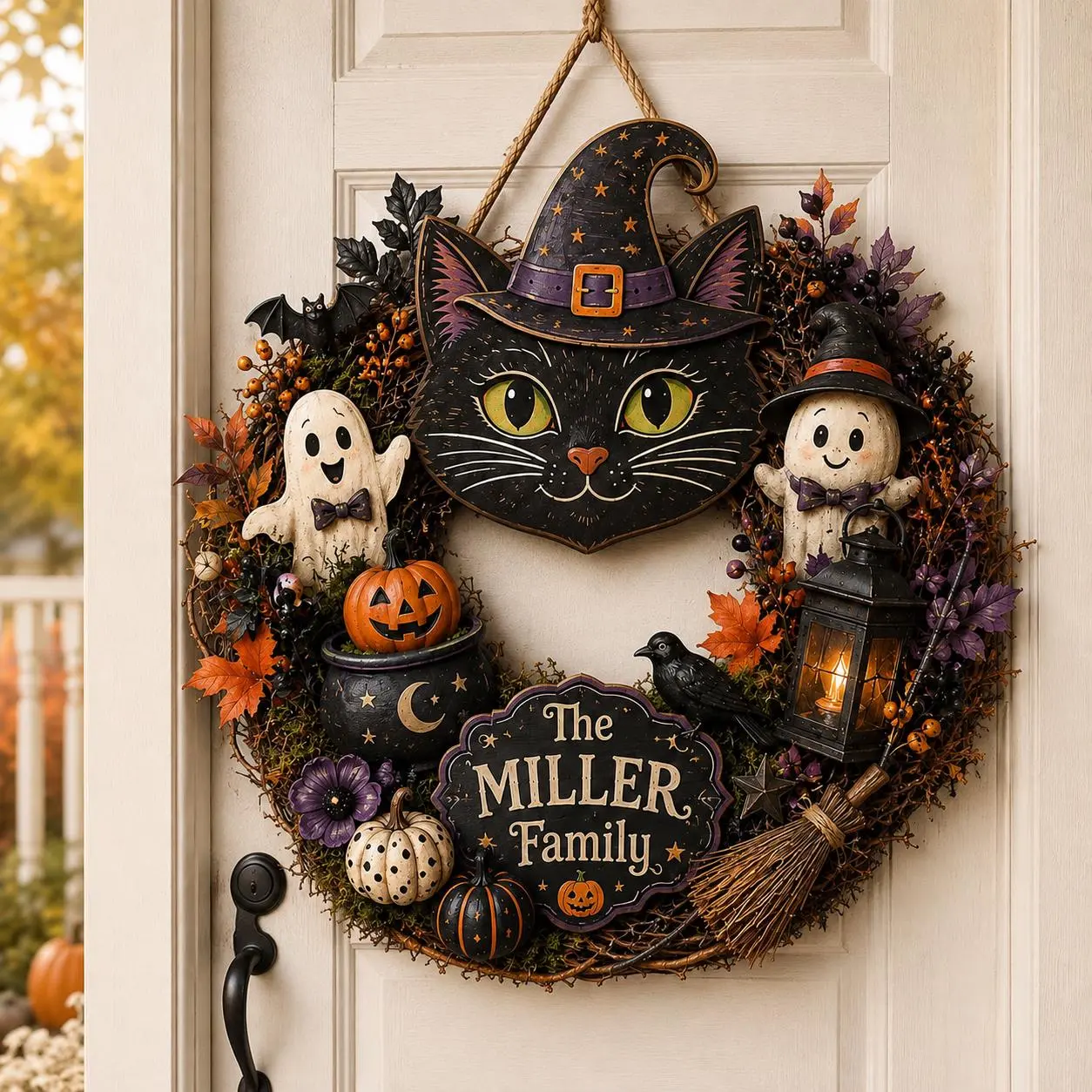 Custom Halloween Door Wreath, Personalized Black Cat Door Sign, Witch Hat Decor, Spooky Pumpkin Porch Sign, Fall Home Decoration