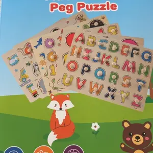 Wooden Peg Puzzle for Toddlers, 6 Pack Toddler Puzzles Set for 3 4 5 Years Old (Alphabet Number Shape Animal Dinosaur Vehicle), Preschool Education Learning Puzzle Toys for Girls and Boys