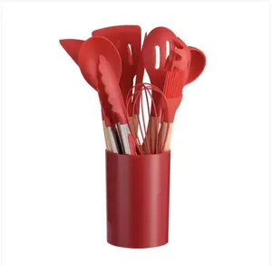 Modern Classic 12-Piece Silicone Kitchen Suite with Stylish Storage Barrel in Red for Everyday Cooking