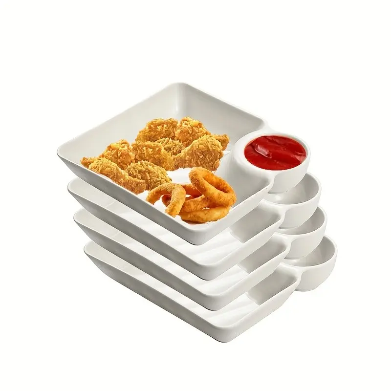4pcs Plastic Dumpling Plate Set, Snack Plate with Sauce Area, Divided Plates, Divided Sushi Plate, Chips and Dip Plate, Suitable for Appetizers/Dumplings/Fried Chicken/Desserts, Kitchen, Dining Room, Outdoor, Dorm, Party, Dishwasher and Microwave