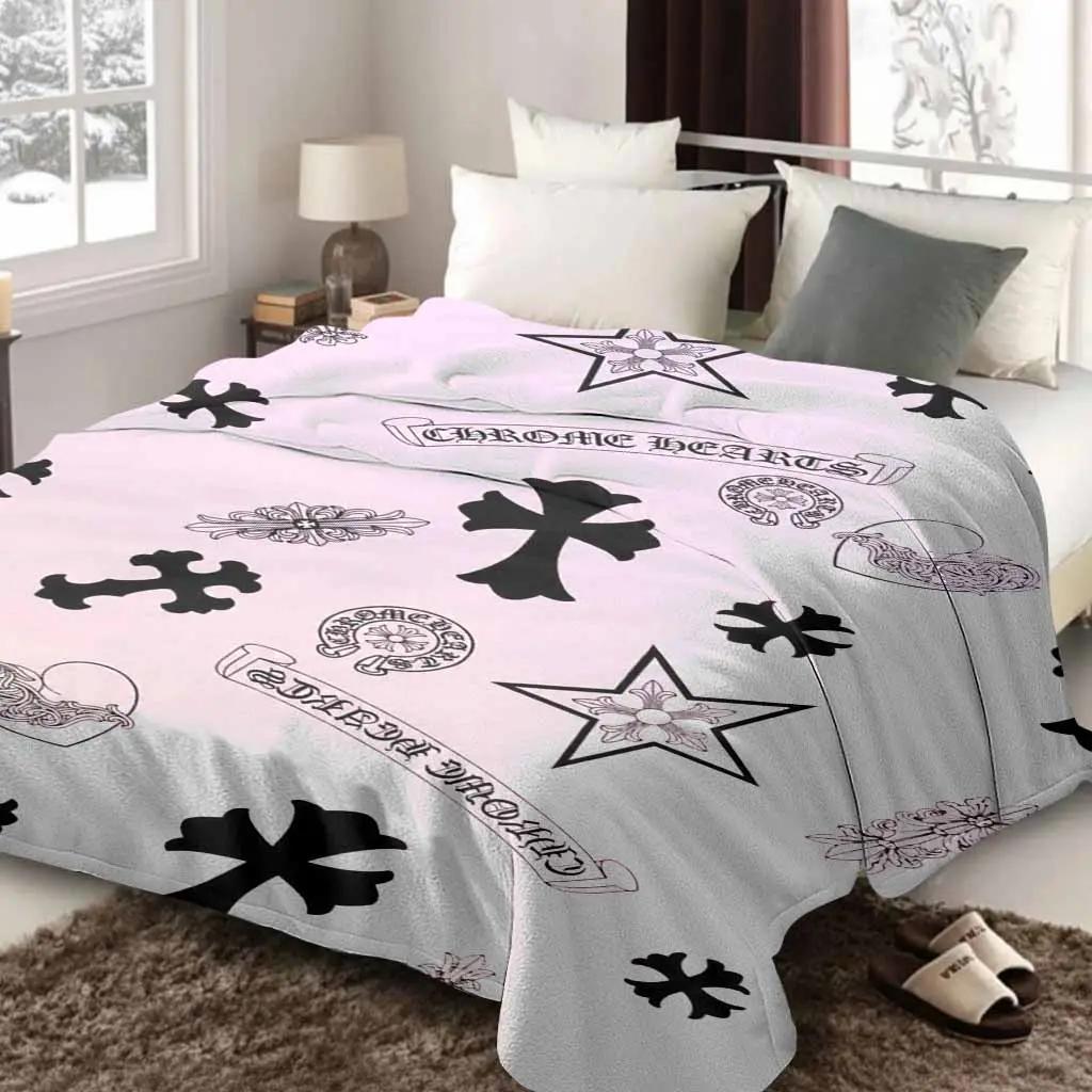 Gothic cross, star, and heart pattern printed flannel blanket, vintage dark style soft, warm, fluffy, fade-resistant plush throw, for bedroom couch and everyday decor, Halloween holiday gift blanket