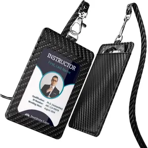 Carbon Fiber Work ID Card Holder with Lanyard is a Stylish and Durable Card Holder with Dual Card Capacity, Clear Display Window and   Pocket (Black)