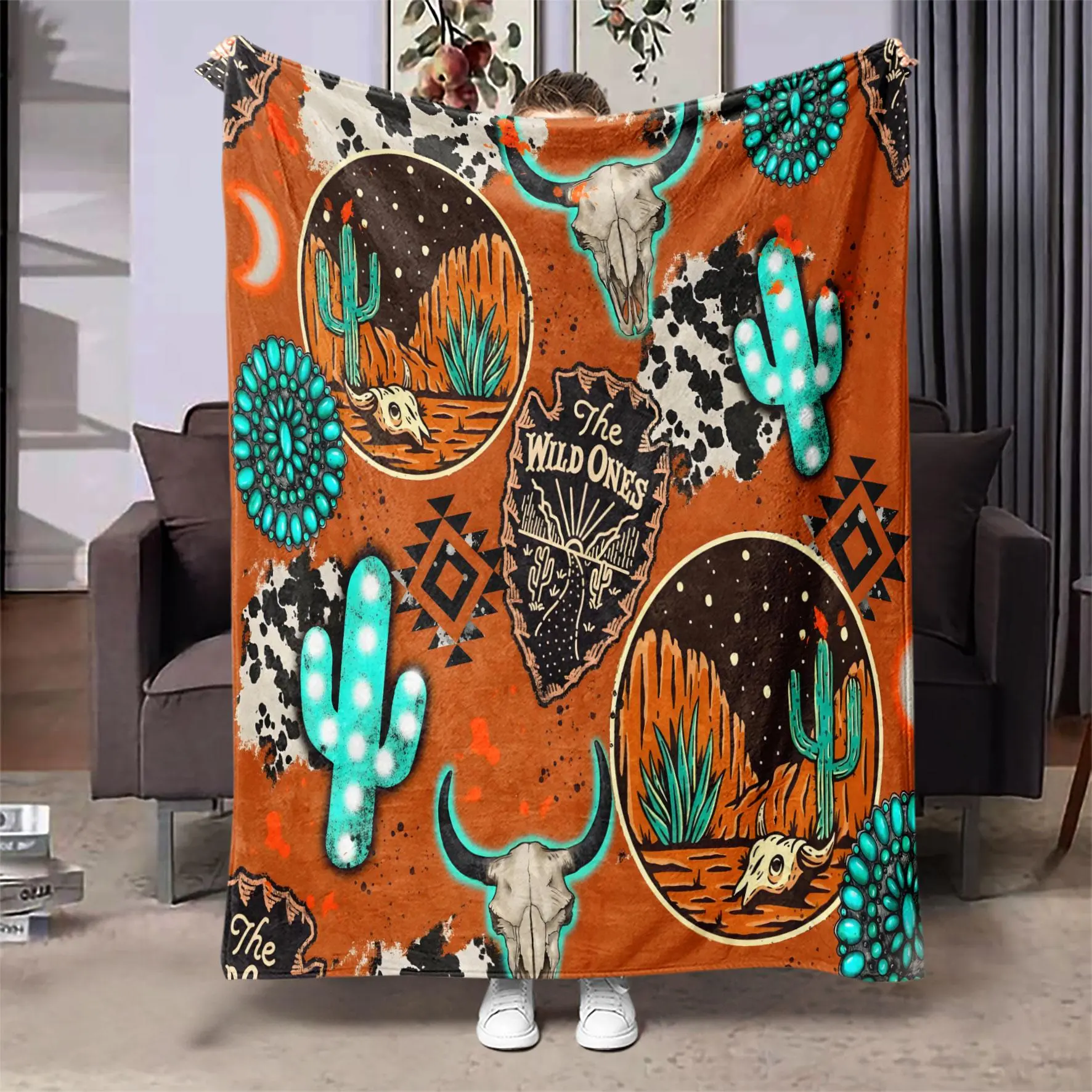 Cactus Pattern Blanket, 1/2 Counts Soft Warm Throw Blanket, Air-conditioned Room Blanket, Warm Nap Blanket for Home & Office, Gift for Friends, Lightweight Cozy Blanket