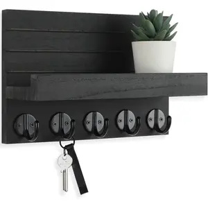 Key Holder for Wall, Decorative Key and Mail Holder with Shelf Has Large Hooks for Bags, Coats, Umbrella - Paulownia  Key Hanger with Mounting Hardware (9.8"W x 6.7"H x 4.2"D)