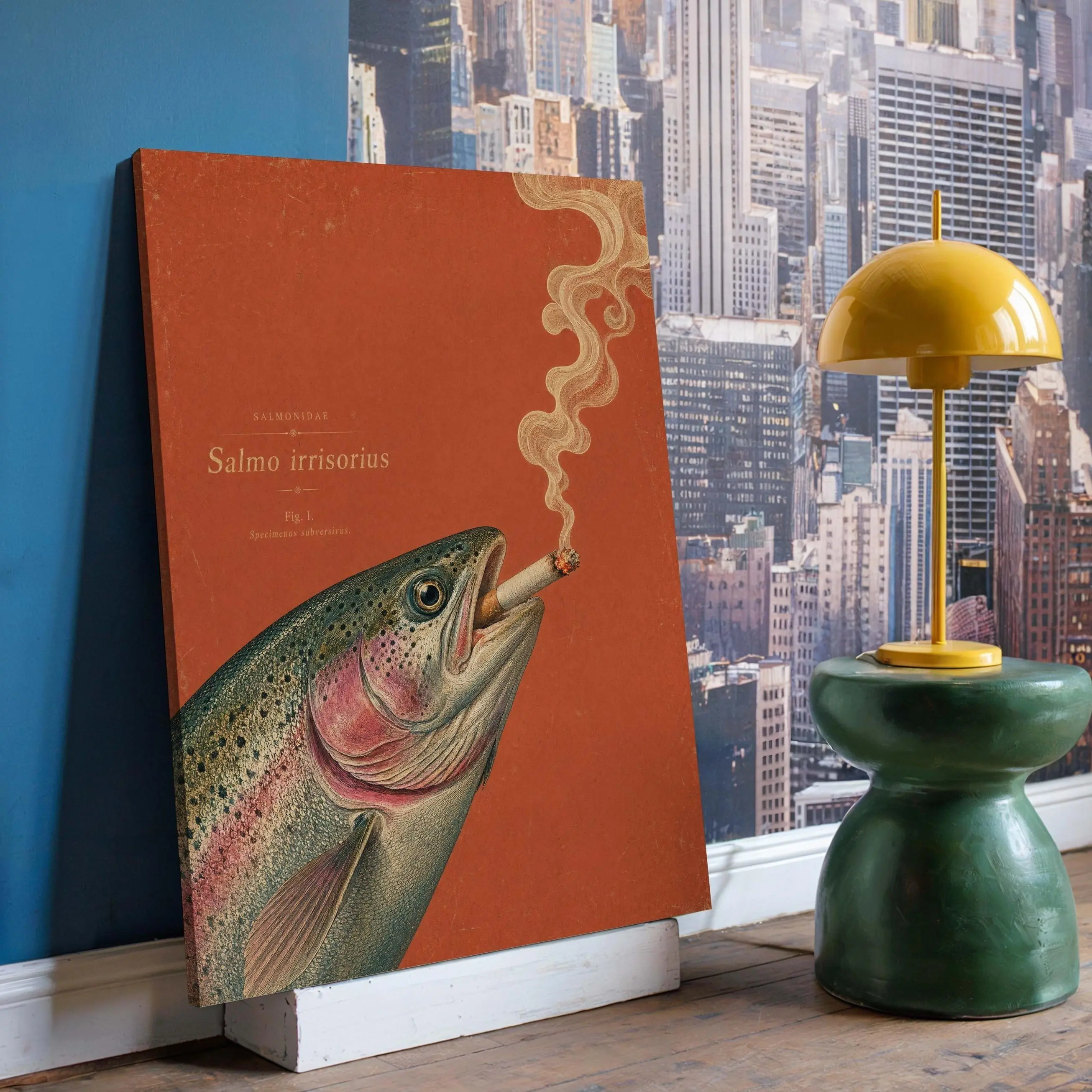 Vintage Rainbow Trout Poster & Canvas | Funny Fish with Cigarette Print | Quirky Bar Wall Art