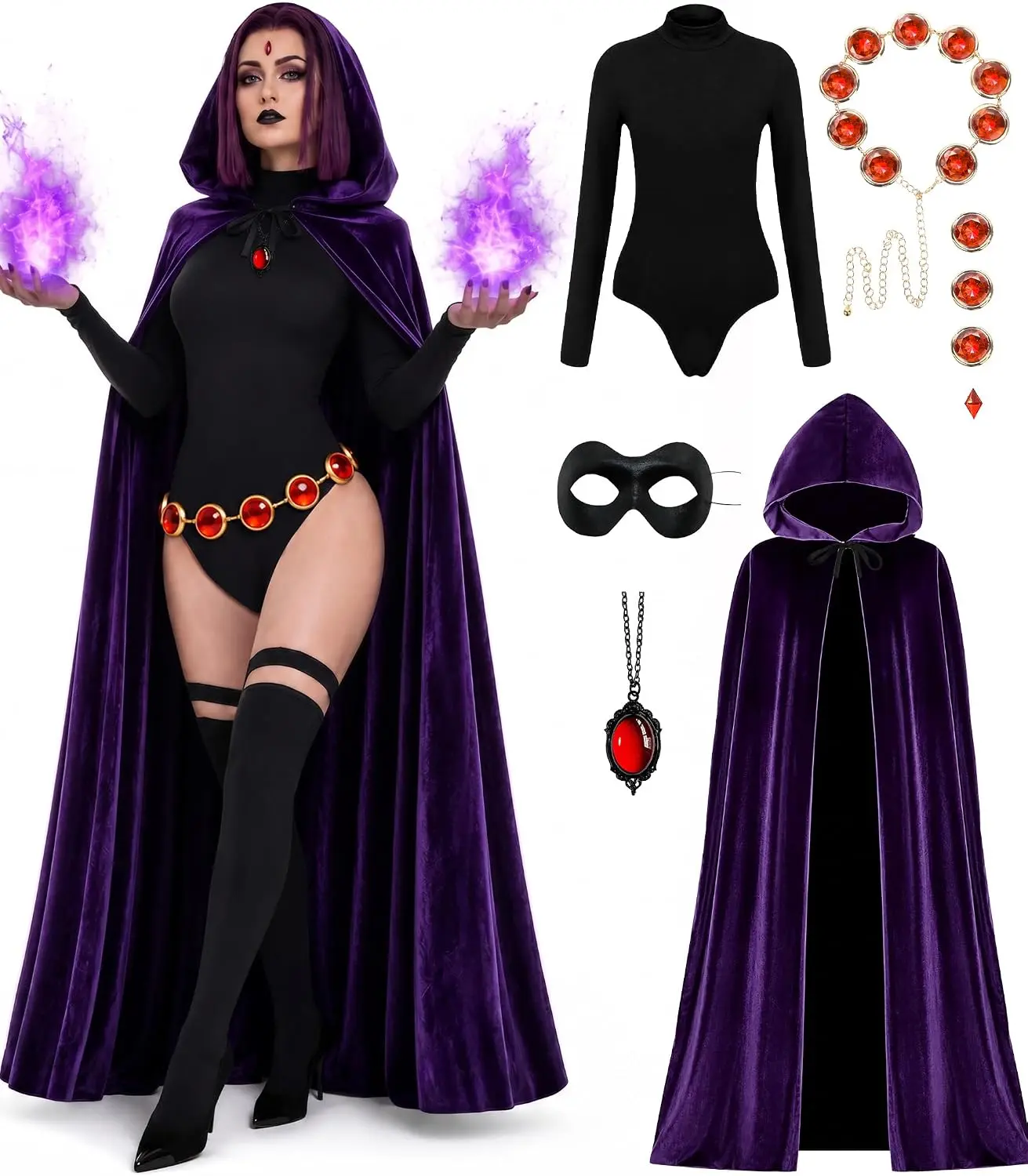 Raven Costume for Women, 6PCS Halloween Costume Set for Women with Purple Hooded Cloak, Bodysuit & Red Gem Belt