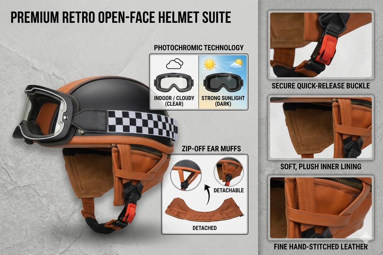Quickool Moto DOT Vintage Leather Helmet Photochromic Goggles Retro Cafe Racer Scooter Cruiser Biker Men Women