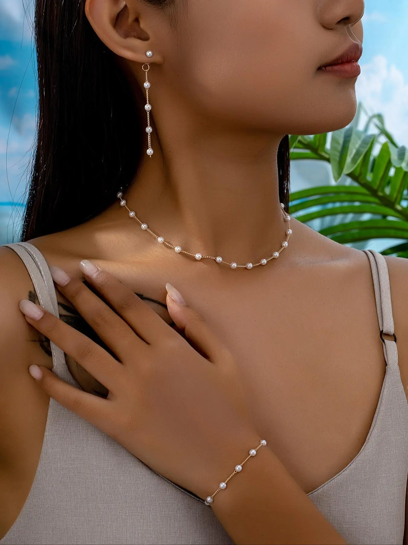 Women's Faux Pearl Decorated Jewelry Set, 4pcs Necklace & Bracelet & Dangle Earrings, Necklaces Earrings Set, As Gift for Girlfriend