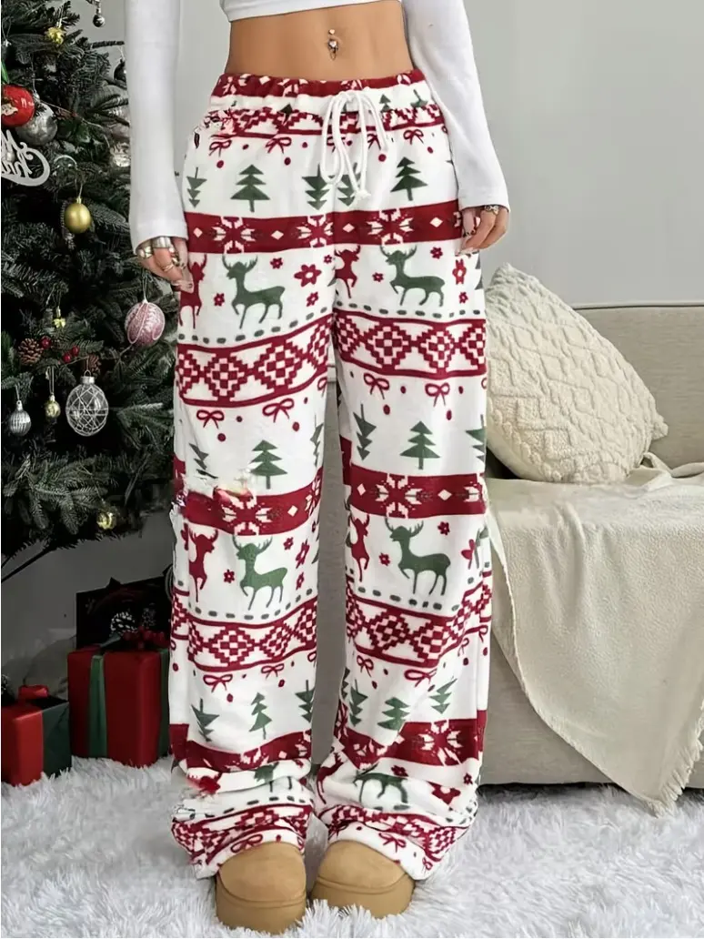 Women’s 100% polyester fleece pants, Christmas-style drawstring, plush and thick with a fluid drape, loose long fit — elastic drawstring, warm for autumn/winter, casual wear at home, available in multiple colors (pre-order).
