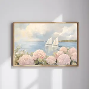 Sailboats & Pink Hydrangeas Coastal Wall Art – Seaside Floral – Nautical Decor Download