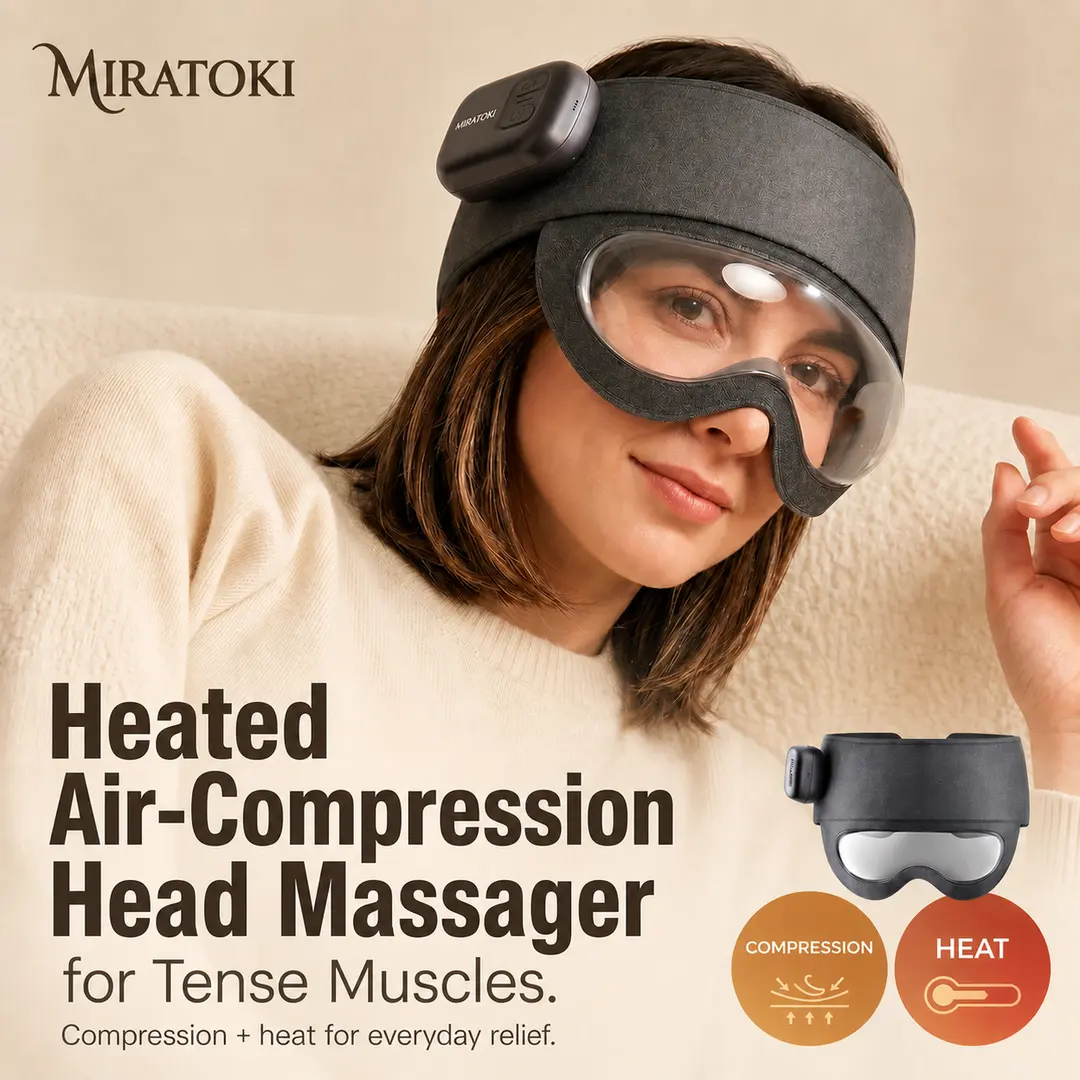 MindCloud 360° Air Compression Head Massager - Wireless Cordless Thermal Heated, Leather Cover, Acupressure, Stress Relief, Rechargeable, Adjustable Strap, USB Port, Easy Setup, Sleep Aid, Adults Gift, Massage Devices, Batteries Included