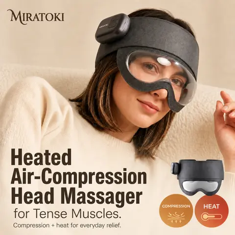 MindCloud 360° Air Compression Head Massager - Wireless Cordless Thermal Heated, Leather Cover, Acupressure, Stress Relief, Rechargeable, Adjustable Strap, USB Port, Easy Setup, Sleep Aid, Adults Gift, Massage Devices, Batteries Included