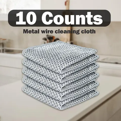 10 Counts Multipurpose Dishwashing Rags for Wet and Dry Use, Effortless Rinsing, Reusable, Scratch-Free Steel Wire Dishcloths for Ultimate Kitchen Clean-up.