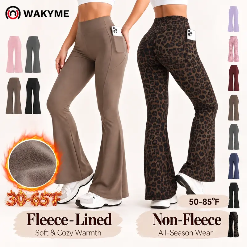 Women's High-Waist Flare Yoga Pants – Butt-Lifting Stretch Workout Pants with Two Pockets, Tummy Control Athletic Leggings for Fitness, Running & Casual Wear, Leopard, Cheetah & Solid Color