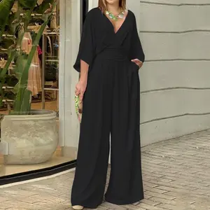 Women’s 2025 Spring European & American Style Jumpsuit – Elegant wide-leg pants, loose sleeves, V-neck, cinched waist, pockets; chic design