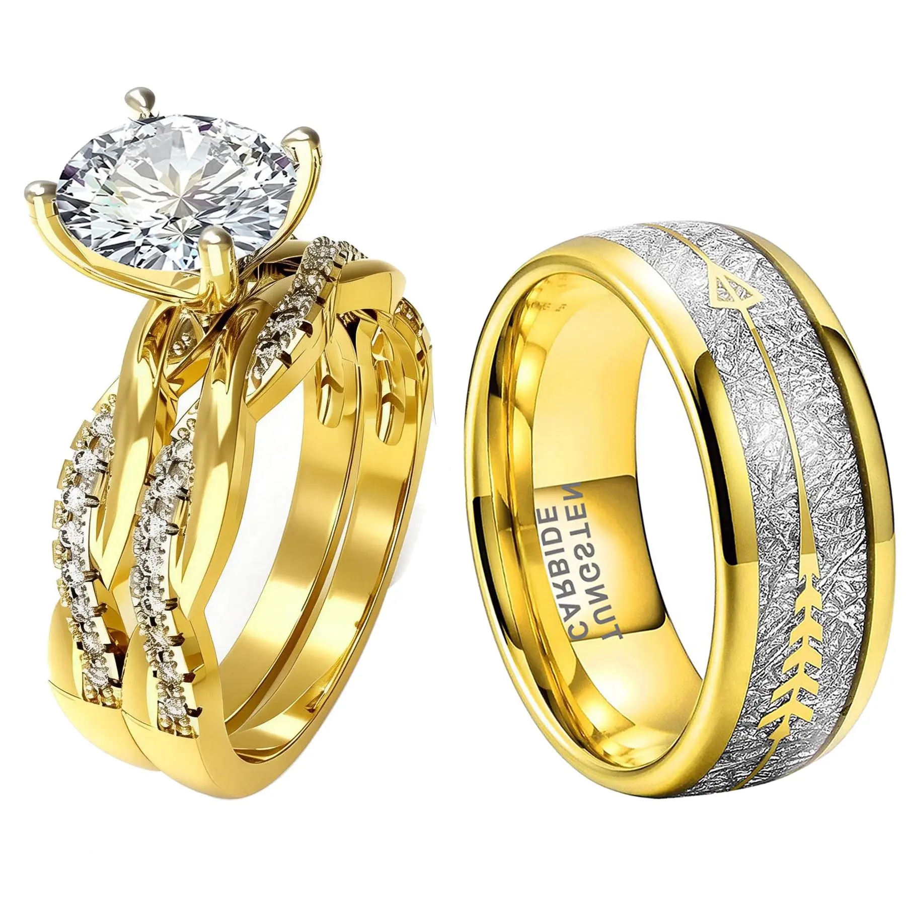 vowsering 1.5CT Round CZ Wedding Ring Set for Women & Men Yellow Gold Plated Bridal Couple Rings Tungsten Ring Wedding Band