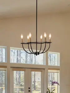 Black Wagon Wheel Chandelier Rustic Candle-Shaped Farmhouse Metal Chandeliers Round Ceiling Hanging Light Fixture for Kitchen Living Room Bedroom Foyer (6-Light) Indoor Lighting North American Homes