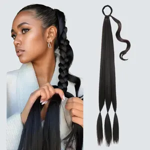 TwiceBeauty 32inch Long Braided Ponytail Extension with Hair Tie Yaki Straight Synthetic Hair Piece for Women Girls Party Daily Use Natural Soft Black