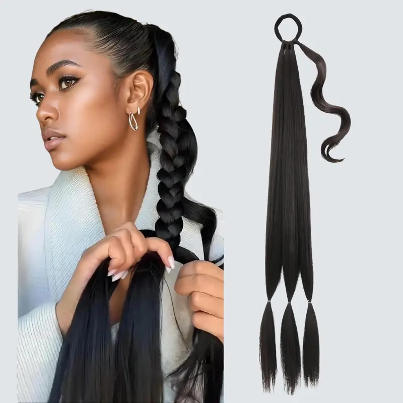 TwiceBeauty 32inch Long Braided Ponytail Extension with Hair Tie Yaki Straight Synthetic Hair Piece for Women Girls Party Daily Use Natural Soft Black
