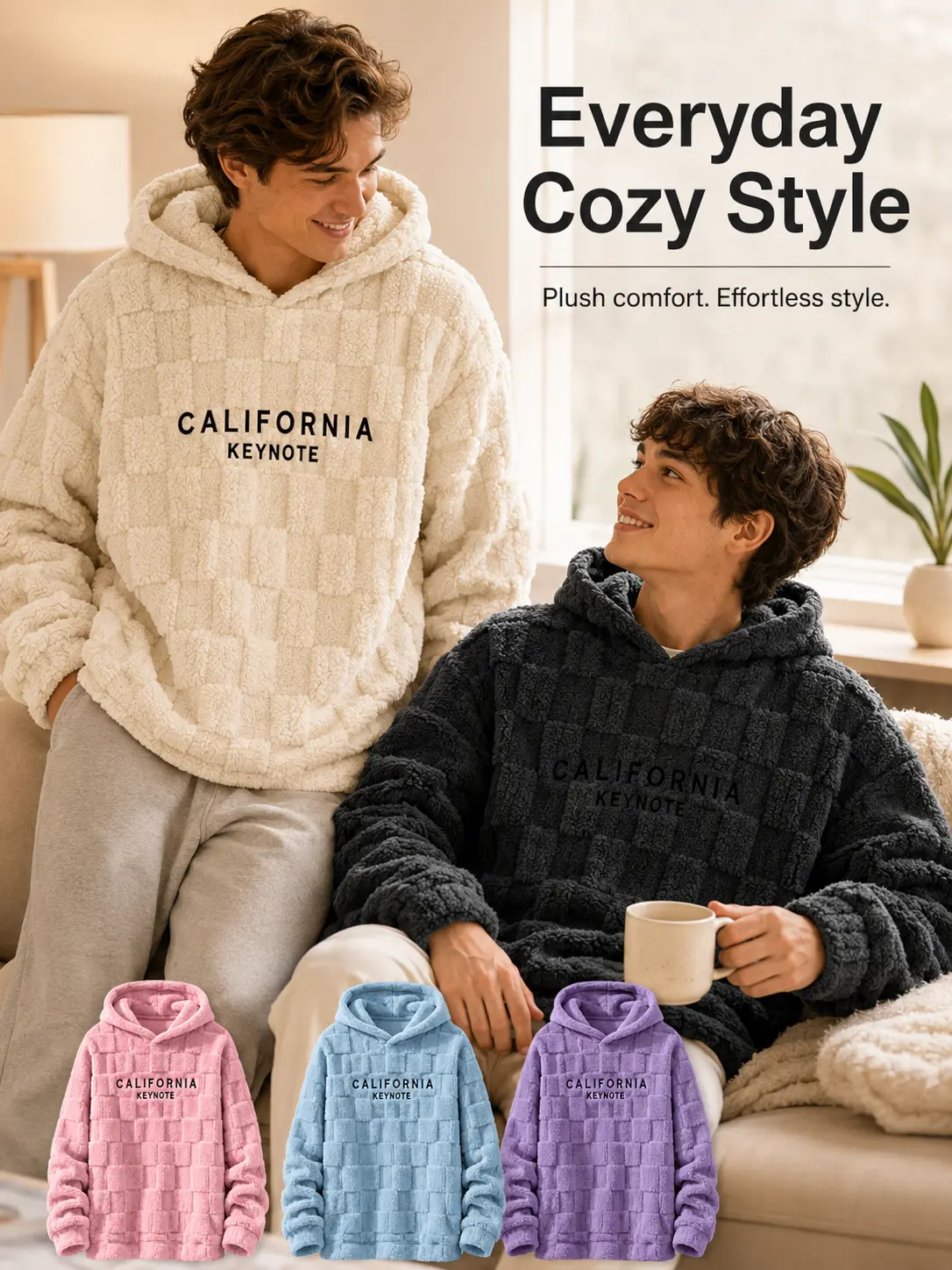 Men's Plush Sherpa Hoodie - Checkered Texture Oversized Pullover, Loose Fit Warm Long-Sleeve Menswear Sweatshirts for Streetwear Fall Clothes, Machine Washable Plush Polyester