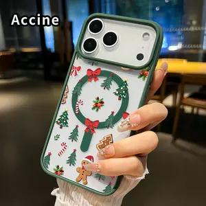 Accine Christmas Delight Pattern Magnetic Phone Case for iPhone 17 16 Pro Max Plus 15 14 13 12 11 Air E Transparent Acrylic Shockproof Cover with Wireless Charging Fingerprint Resistant Protection Smartphone Protector Gift for Friend