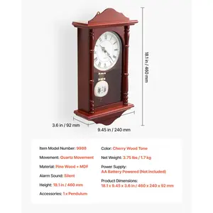 VEVOR Grandfather Clock, 18 in Classic Vintage Pendulum Clock, Pine Wood MDF Wall Clocks with Quartz Movement and Quiet Design, for Living Room, Bedroom, Home Decor, and Gift (Cherry Tone Finish)
