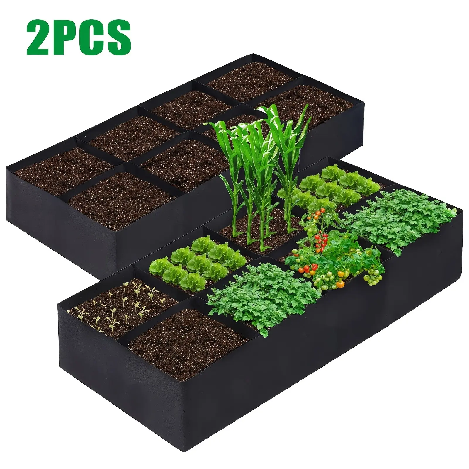Large Capacity Garden Bed Set (2 Pack), 8 Compartment Planting Bags, Aeration Fabric Pots, Breathable Felt Rectangular Growth Containers, Durable for Potatoes & Herbs, Rectangular Planters for Outdoor Plants, Patio Planters