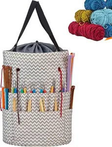 Large Crochet Bag with Customized Front Compartment for Knitting Accessories, Yarn Storage with 6  Grommets, Tote Organizer with Drawstring Closure, Ripple, Bag Only