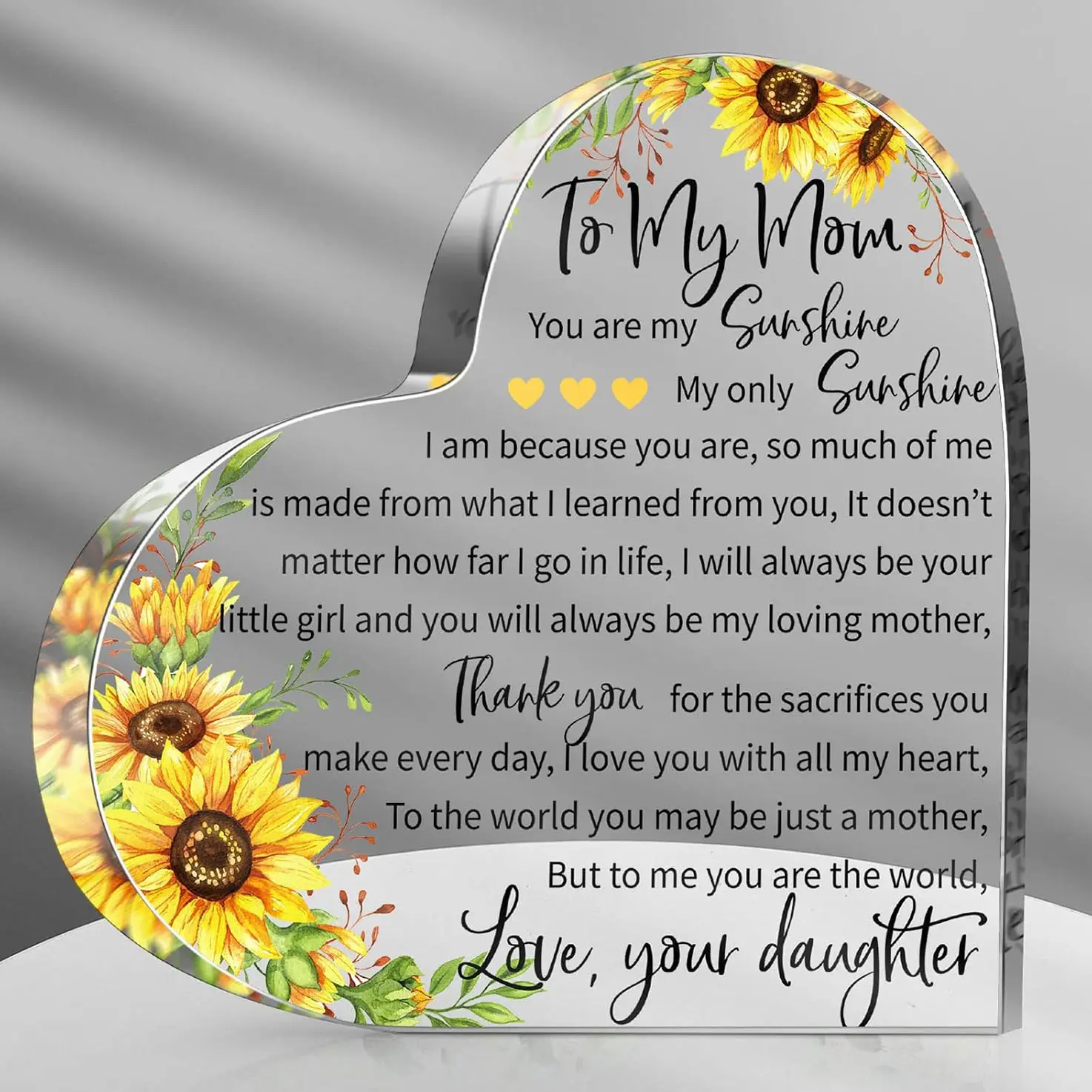 Mom Gifts for Mother's Day Heart Acrylic plaque Women Mothers Birthday Gifts Sign Acrylic  Mother's Day Sunflower Theme Plaque Presents from Daughter Son Valentines Gift, Novelty Desk Decor, Acrylic Desktop Decoration