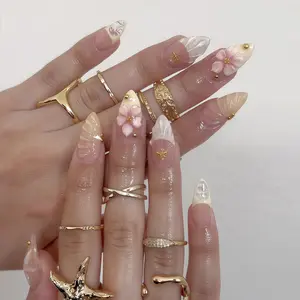 Press On Nails Set – Handmade Fall French Almond 3D Carved Floral Pearl Shell Design, 24PCS with 5 Nail Tools, Easy to Apply, Reusable DIY Manicure for Home, Daily or Party Wear Floral Stripe Almond Press-On Nails