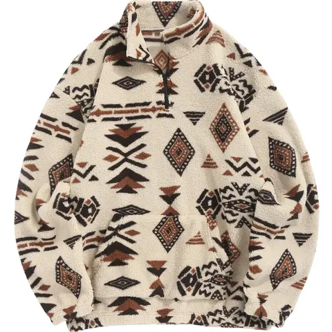 Men's Ethnic Pattern Drop Shoulder Zipper Sweatshirt, Regular Fit Casual Comfy Long Sleeve Stand Collar Pullover for Fall & Winter, Men's Clothes
