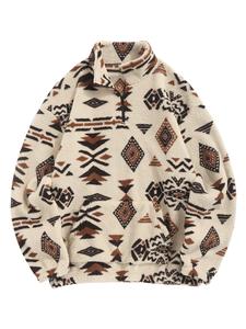 men's ethnic pattern drop shoulder zipper sweatshirt, regular fit casual comfy long sleeve stand collar pullover for fall & winter, men's clothes