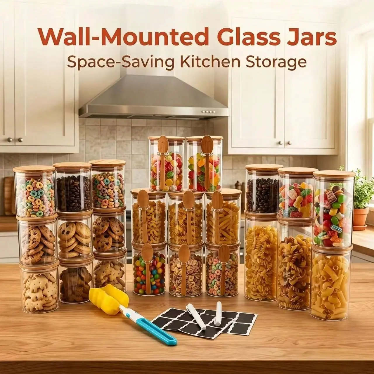 23-piece set of glass jars, 2 pieces: 850ml , 2 pieces: 1135ml , 8 pieces of 681ml , 11 pieces of 495ml , wide-mouth transparent glass food storage container, which can be used to store coffee beans, noodles, nuts and other glass kitchen utensils;