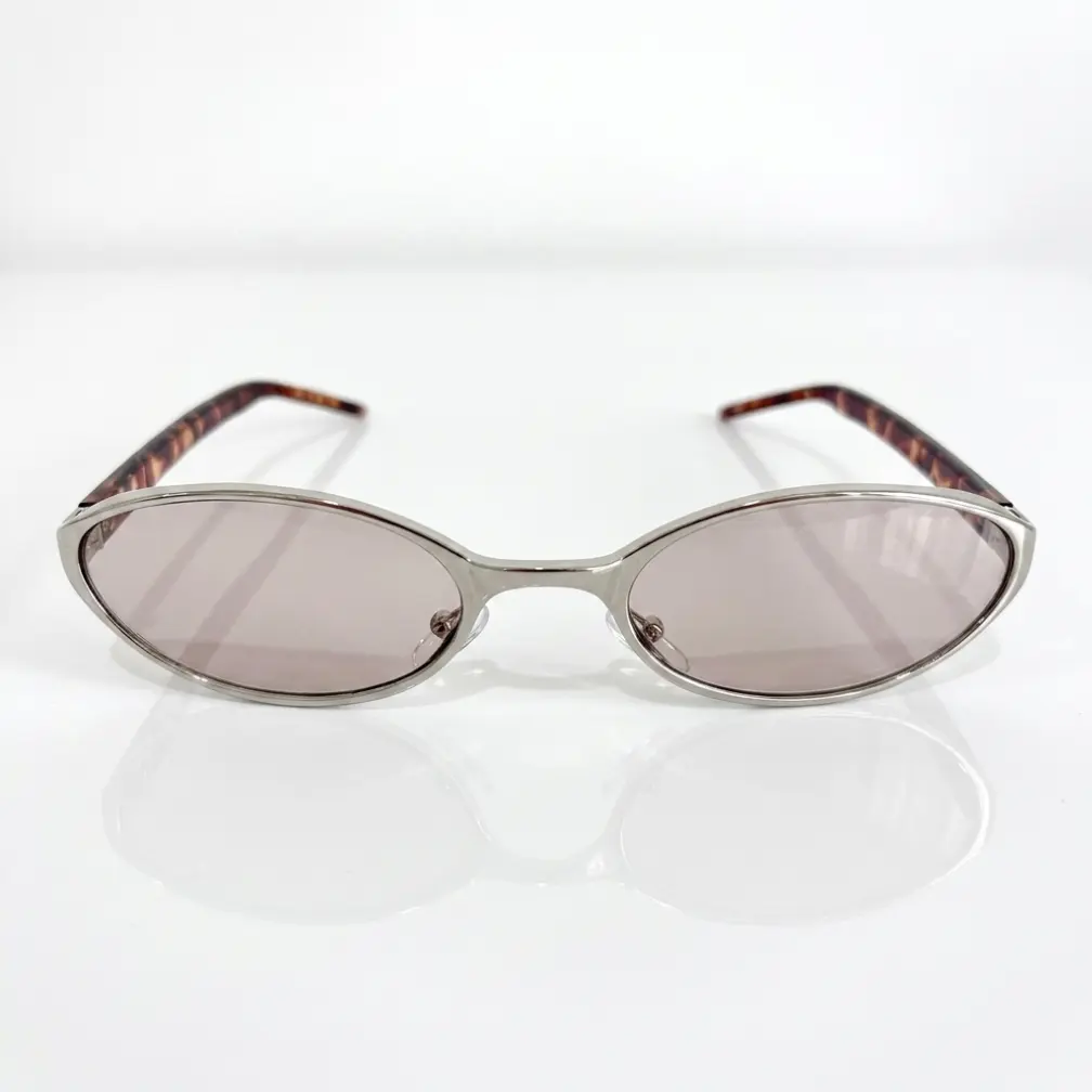 Women's Vintage Narrow Frame Oval Sunglasses, Female Casual Wear Eyewear with Thin Silver Metal Frame, Tortoiseshell Arms and Pink Lenses
