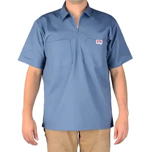 Ben Davis Half Zip Blue Steel Short Sleeve Shirt Regular Fit 65% Polyester 35% Cotton with 2 Chest Pockets & Pencil Pouch