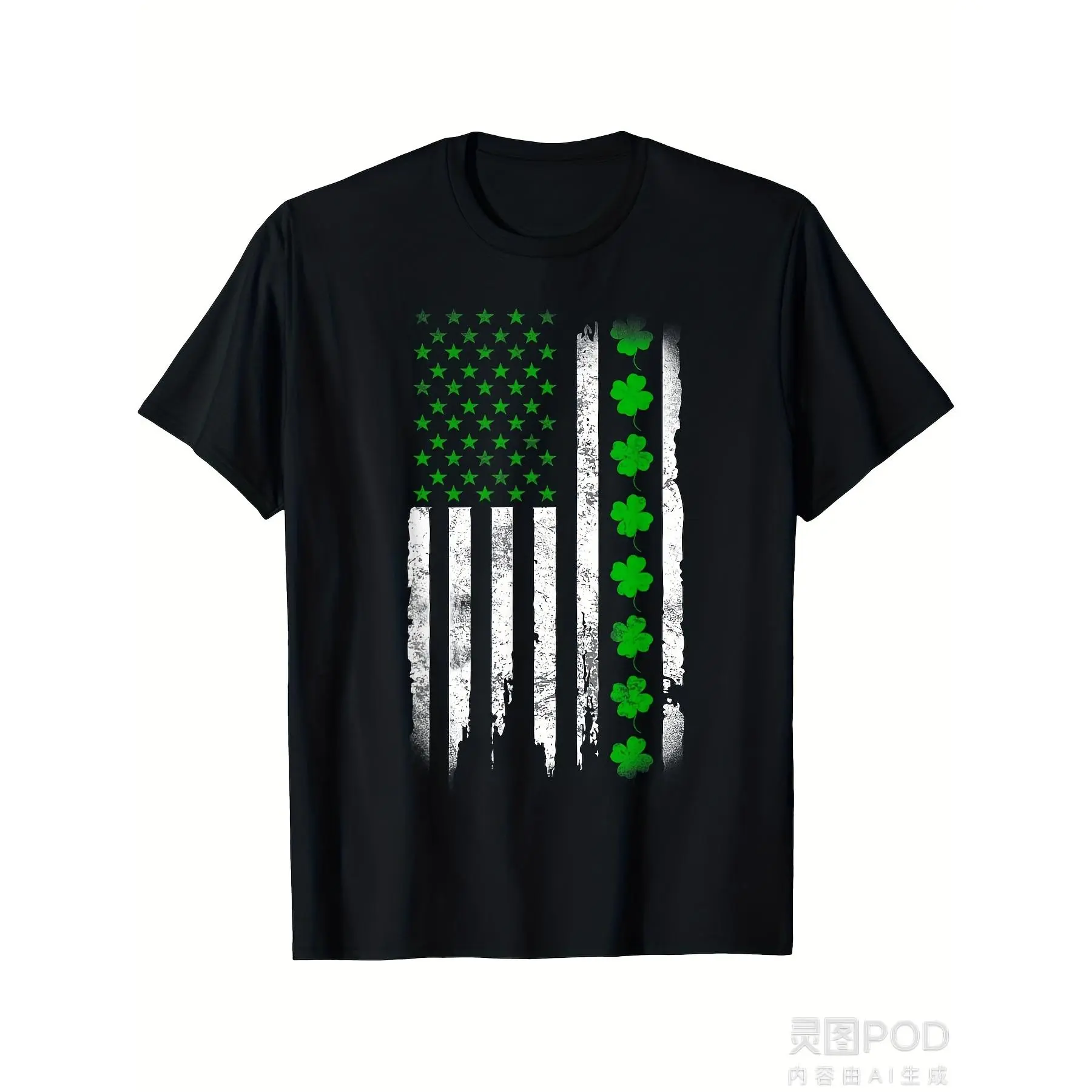 Men's Patriotic Shamrock American Flag T-Shirt - Soft Cotton, Casual Round Neck, Short Sleeve, Machine Washable, Ideal for St Patrick's Day & Casual AttireSame style for men and women 2025 summer short-sleeved printed T-shirt pure cotton 220G, St