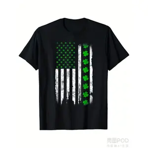 Men's Patriotic Shamrock American Flag T-Shirt - Soft Cotton, Casual Round Neck, Short Sleeve, Machine Washable, Ideal for St Patrick's Day & Casual AttireSame style for men and women 2025 summer short-sleeved printed T-shirt pure cotton 220G, St