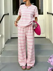 Women's Striped Short Sleeve Top and Long Pants Set, Stripes, Summer Cute, Simple Fashion, Daily or Outdoor Wear