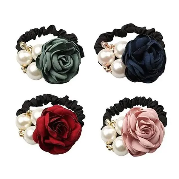 Women Girls' 4-Pieces Korean Pearl Rose Hair Ties Set - Rhinestones Elastic Rope, Sparkling Ponytail Holders for Office, School Supplies