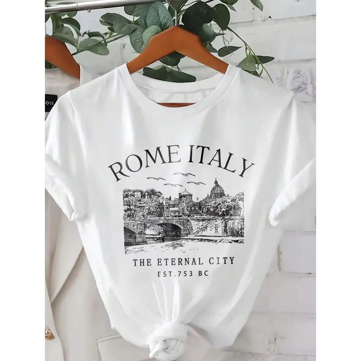 Women's Short-Sleeve Round Neck Casual Wear T-Shirt - Vintage Rome Est 753 BC Sketch Print Regular Fit European Travel Sports Top