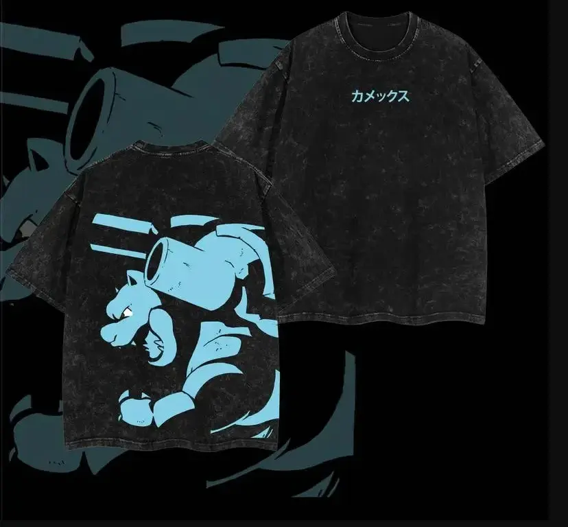[Anime Streetwear Style] Blastoise Kamex Double Sided Graphic Premium Acid Wash Hoodie T-Shirt, Oversized 100% Cotton Monster Graphic Tee for Men Women, Vintage Streetwear Shirt, Unisex Casual Apparel, Gift for Monster Fans