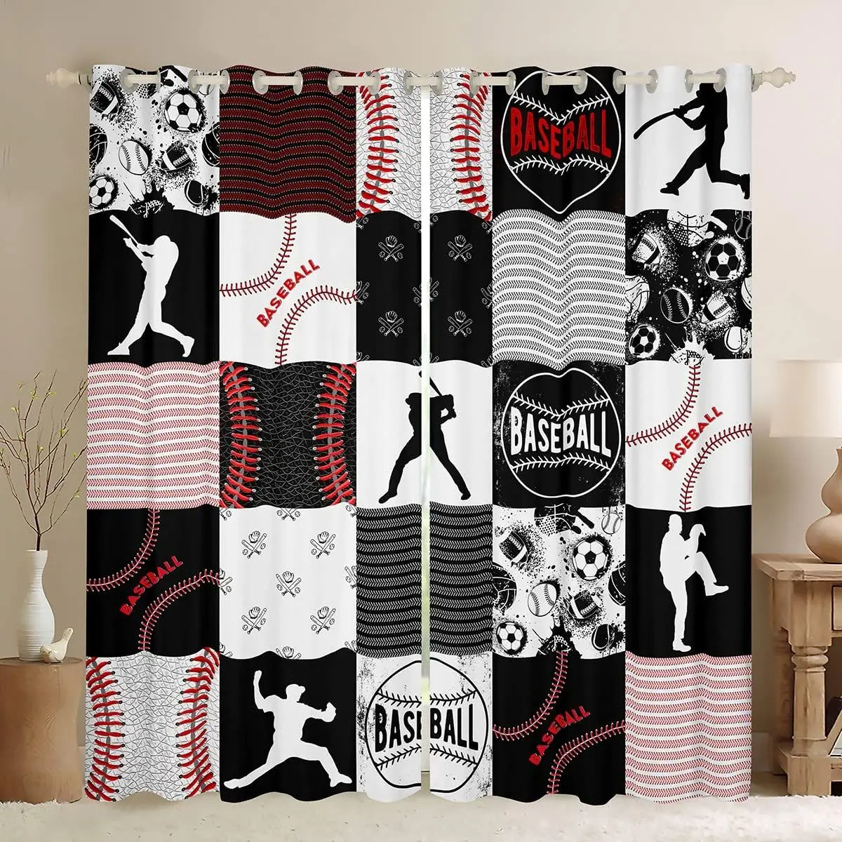 Feelyou Baseball Character Curtain Panels - Home Decorative Patchwork Window Treatments, 2 Panels (38w x 45l), Custom Size Extra Length Sports Curtains for Living Room, Bedroom, Home Decorative Curtain