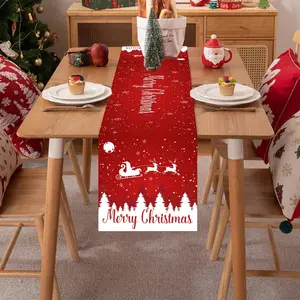 Christmas Table Runner, Snowy Sleigh Christmas Tree Design, Polyester Tablecloth for Party Decor, Indoor Outdoor Decoration, Living Room, Dining Table