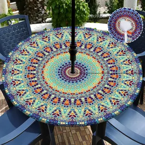 Outdoor Tablecloth with Umbrella Hole  Round Fitted Tablecloth with Elastic Zippered Wipeable Table Cloth Round Cover for Picnic, Patio,Garden Fits to 45"-52" Patio Tables