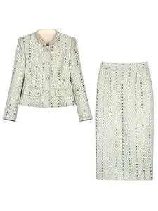Two-Piece Set Women's Striped Print Tweed Long Sleeve Jacket & Skirt, Elegant Fashion Casual Round Neck Single-breasted Outerwear & Skirt for Daily Outdoor Wear, Women's Clothing for Spring & Fall, Suits