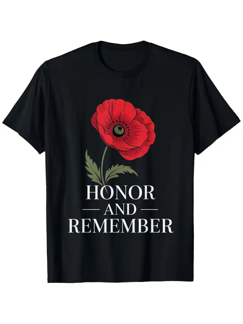 Men's "Tribute & Commemoration" Poppy-Print T-Shirt: Crafted from pure cotton with a vintage wash finish, featuring a relaxed, casual fit. The design combines red poppy floral motifs with text, offering a casual style