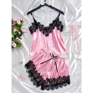 Sexy Lace Women's Summer Thin Pajama Set Satin Silk Pink and White Stripes Fabric Soft and Smooth Edge V-Neck﻿ Sleepwear