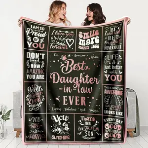 Flannel Blanket Best Daughter-In-Law Ever Pattern, Slogan Print Blanket Soft Warm Durable Throw for Sofa Office Bed Camping Travel Ideal Holiday Gift