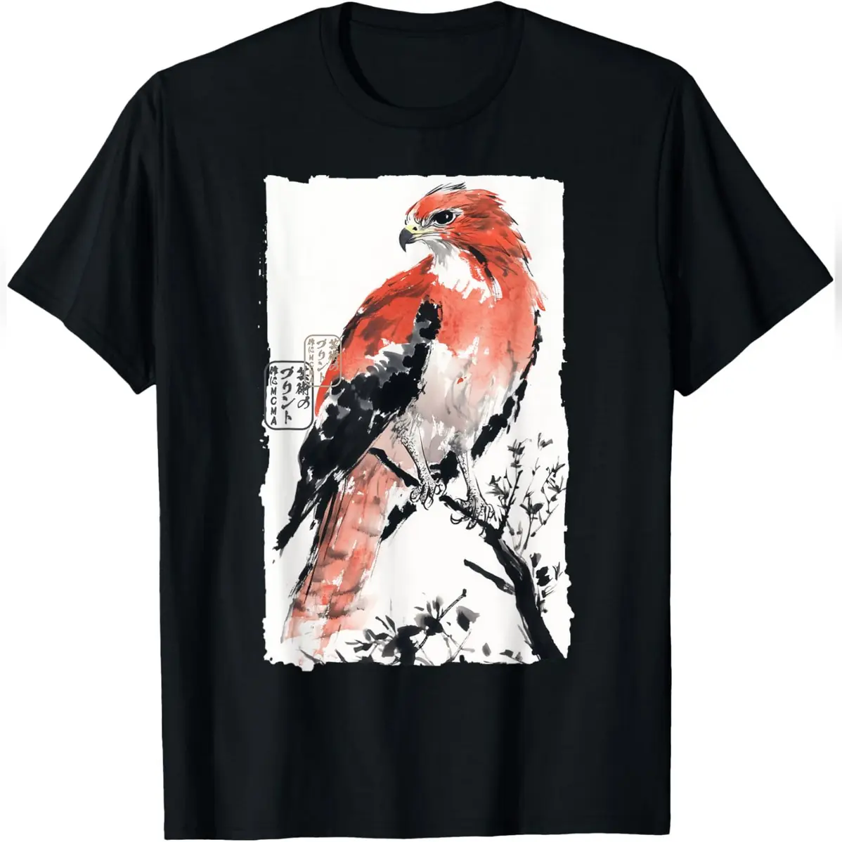 Men's Japanese Falcon Graphic T-Shirt, Traditional Sumi-E Ink Art Style, Casual 100% Cotton Round Neck Tee for Gifting, Graphic Print, Shortsleeve, Menswear